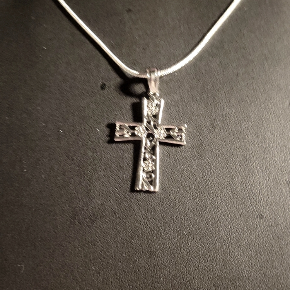 1  FLORAL CROSS  22" .925 sterling silver NECKLACE.